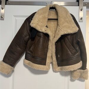 Zara brown shearling moto jacket